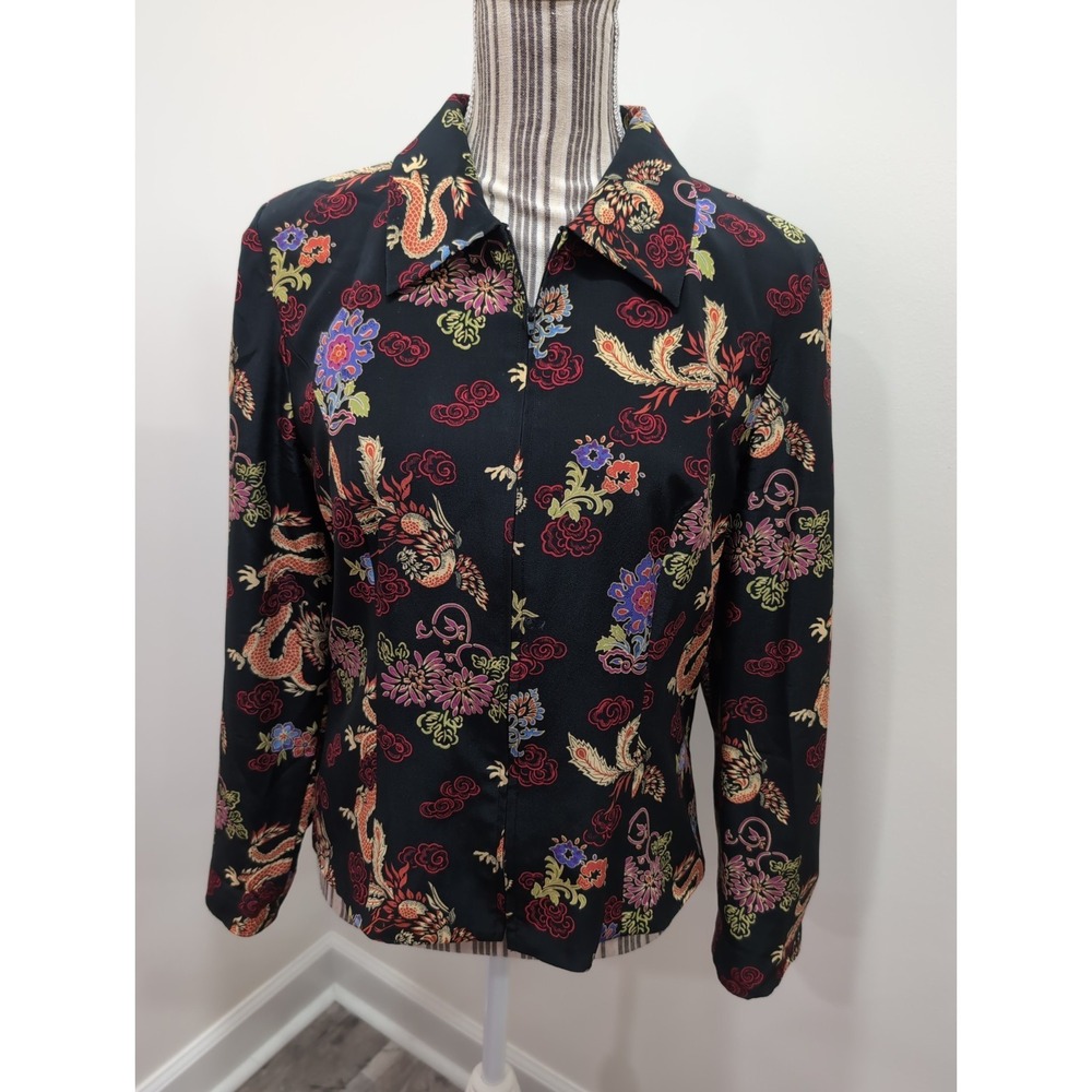 Vintage Maggie Lawrence 100% Silk Asian Dragon Floral Front Zip Jacket Size 8